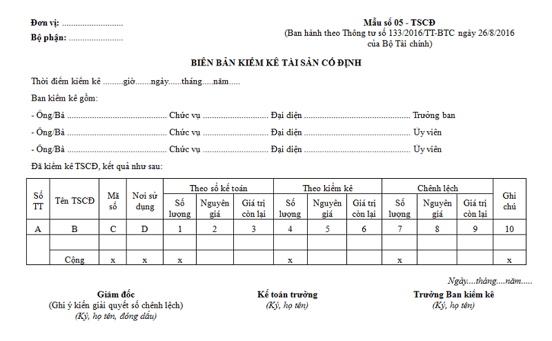 Mẫu biên bản kiểm kê tài sản mới nhất 2019