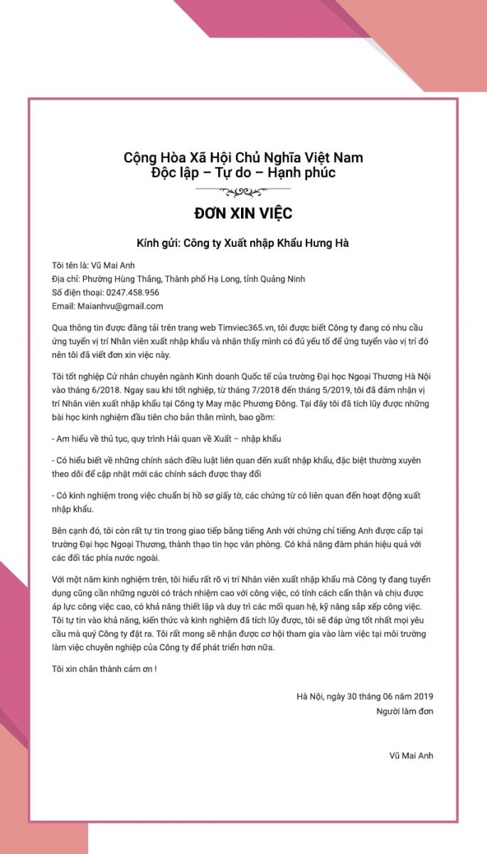 Mẫu đơn ứng tuyển phù hợp với cả ứng viên có kinh nghiệm và chưa có kinh nghiệm