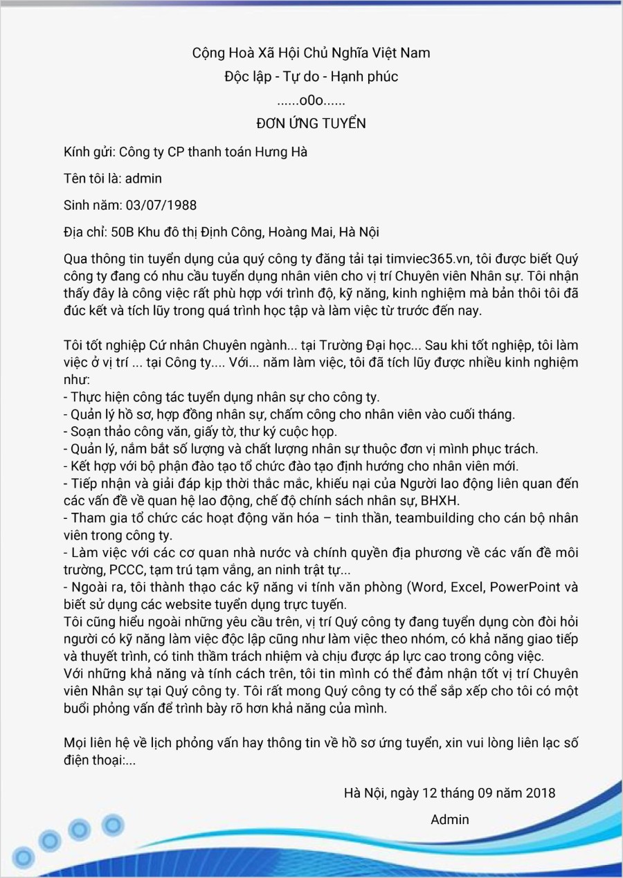 Đơn ứng tuyển nhân viên văn phòng & hành chính